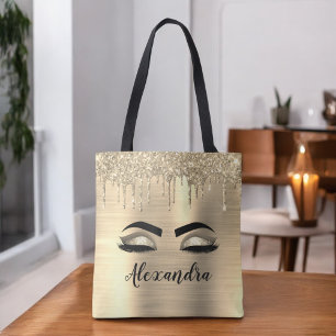 Gold Glitter Sparkle Eyelashes Monogram Name Tote Bag