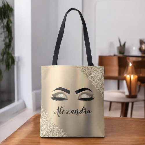 Gold Glitter Sparkle Eyelashes Monogram Name Tote Bag