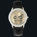 Gold Glitter Sparkle Eyelashes Monogram Name Watch<br><div class="desc">Gold Faux Foil Metallic Sparkle Glitter Brushed Metal Monogram Name and Initial Eyelashes (Lashes),  Eyelash Extensions and Eyes Makeup Watch. This makes the perfect sweet 16 birthday,  wedding,  bridal shower,  anniversary,  baby shower or bachelorette party gift for someone decorating her room in trendy cool style.</div>