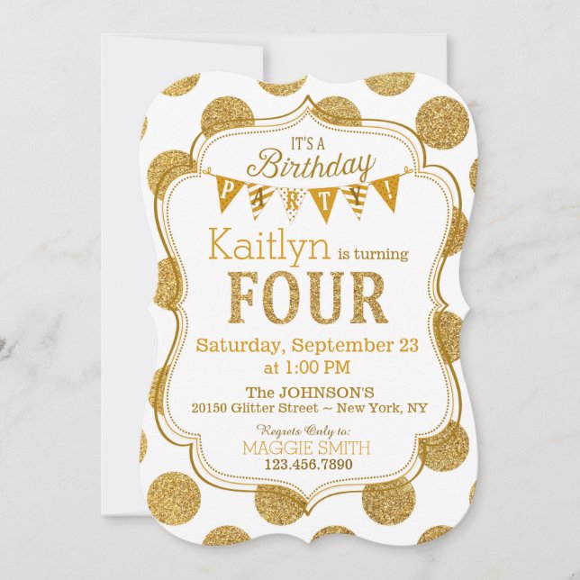 Gold Glitter Sparkle Fourth Birthday Invite (Front)