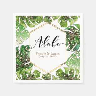 Gold Glitter Sparkle Glam Tropical Leaves Wedding Paper Napkins