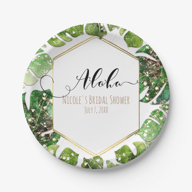 Gold Glitter Sparkle Glam Tropical Leaves Wedding Paper Plates (Front)