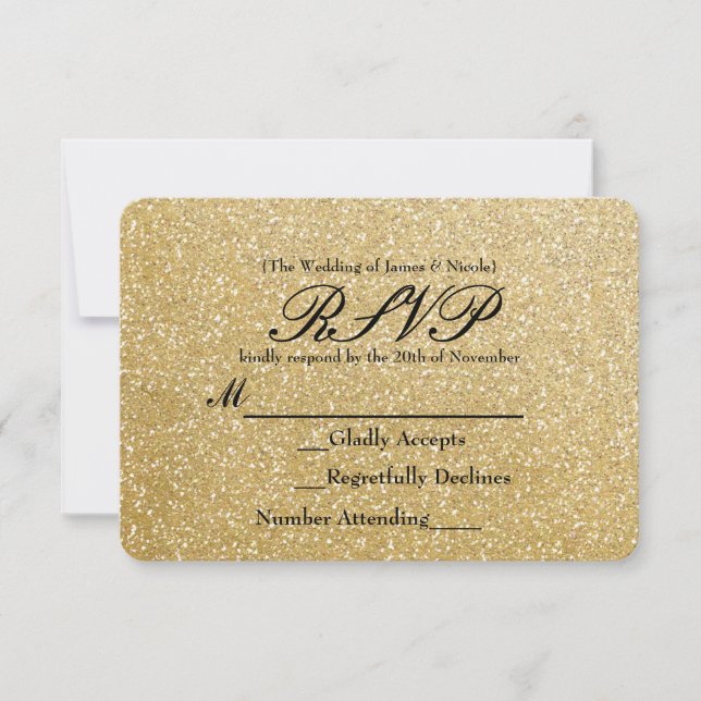 Gold Glitter Sparkle Glamour Wedding RSVP Card (Front)