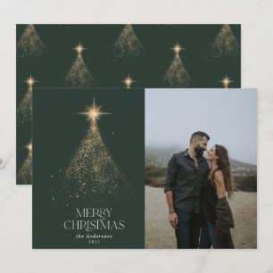 Gold glitter sparkle green modern Christmas photo Holiday Card