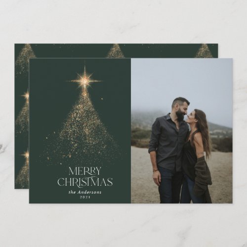 Gold glitter sparkle green modern Christmas photo Holiday Card