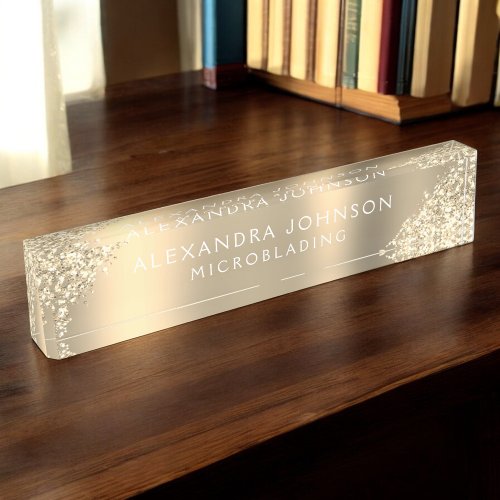 Gold Glitter Sparkle Microblading Brows Salon Desk Name Plate