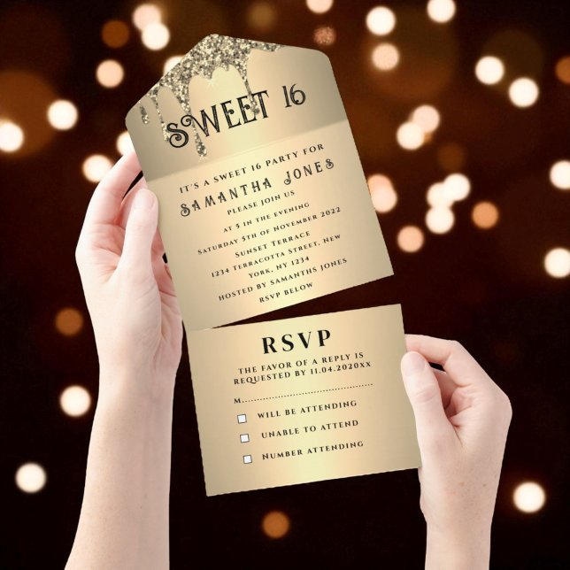 Gold Glitter Sparkle Modern Elegant Sweet 16  All In One Invitation (Creator Uploaded)