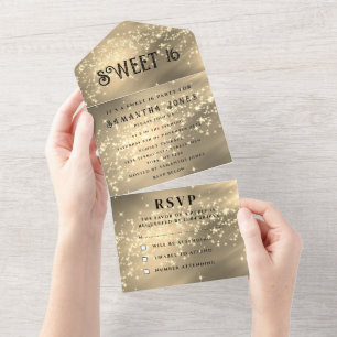 Gold Glitter Sparkle Modern Elegant Sweet 16 All In One Invitation