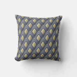 Gold Glitter Sparkle Navy Blue Diamond Pattern Throw Pillow