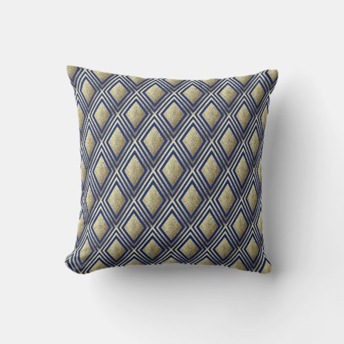 Gold Glitter Sparkle Navy Blue Diamond Pattern Throw Pillow