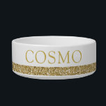 Gold Glitter Sparkle Pet Name Bowl<br><div class="desc">Neutral yellow gold printed glitter stripe with gold color custom dog or cat name. Enter any personalized text you like for a sparkly pet food or water bowl. See our collection of coordinating bowls and get a set!</div>