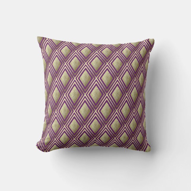 Gold Glitter Sparkle Purple Diamond Pattern Throw Pillow (Front)