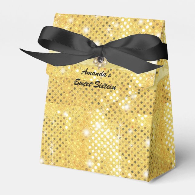 Gold Glitter Sparkle Satin Ribbon Personalized Favor Boxes (Front Side)