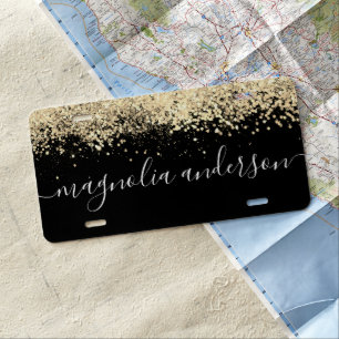 Gold Glitter Sparkle Script Name License Plate