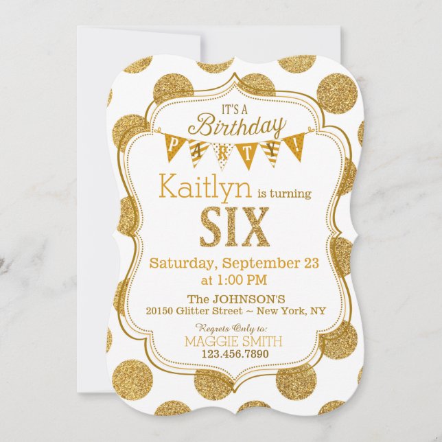 Gold Glitter Sparkle Sixth Birthday Invite (Front)