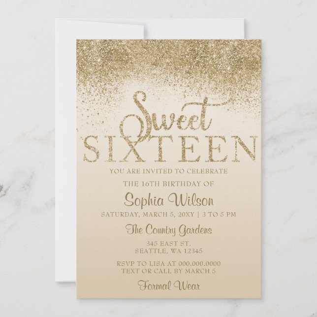 Gold Glitter Sparkle Sweet 16 Birthday Invitation (Front)