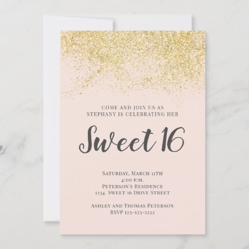 Gold Glitter Sparkle Sweet 16 Blush Photo Invitation 