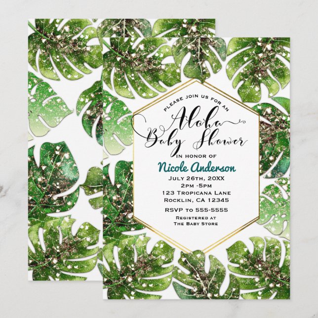 Gold Glitter Sparkle Tropical Leaves Baby Shower Invitation (Front/Back)