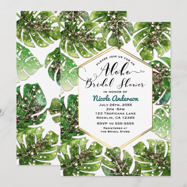 Gold Glitter Sparkle Tropical Leaves Bridal Shower Invitation (Front/Back)