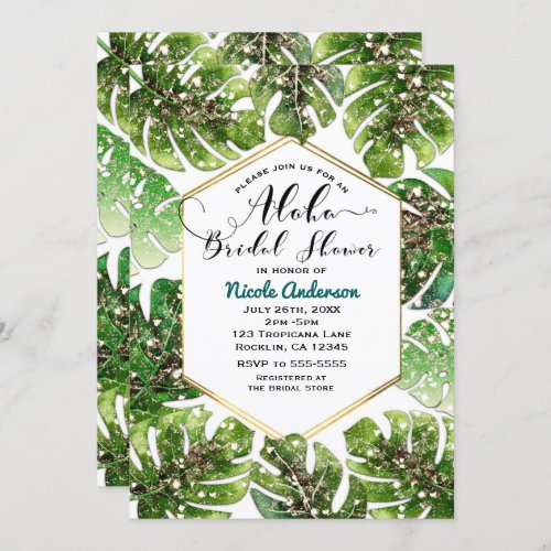 Gold Glitter Sparkle Tropical Leaves Bridal Shower Invitation