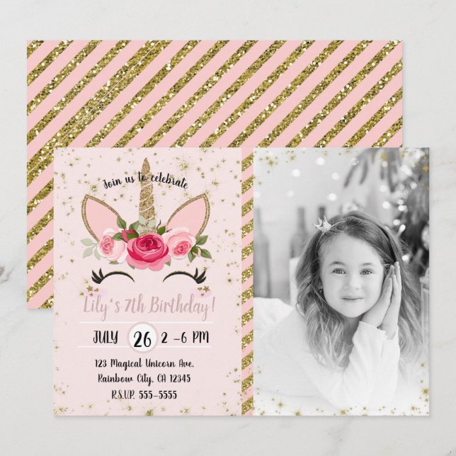 Gold Glitter Sparkle Unicorn Birthday Party Photo Invitation (Front/Back)
