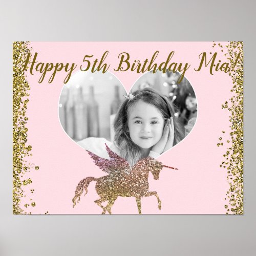 Gold Glitter Sparkle Unicorn Photo Birthday Party Poster