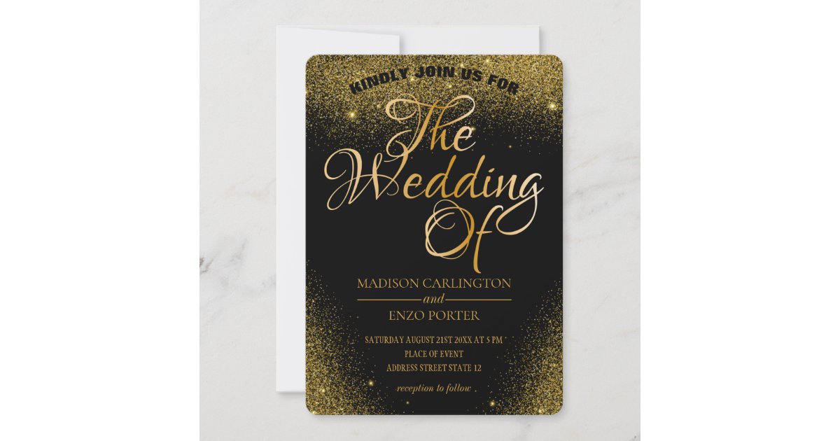 Gold Glitter Sparkles Black Background Invitation | Zazzle