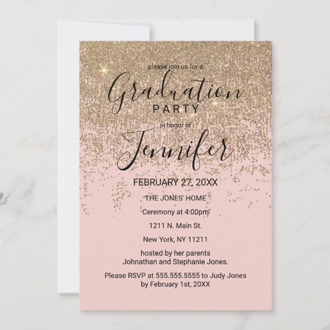 Gold Glitter Sparkles Blush Pink Graduation Party Invitation (Front)