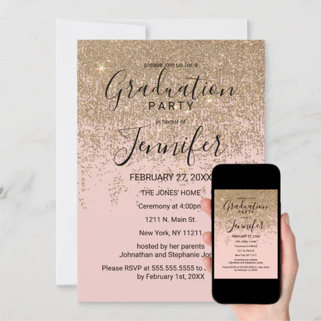 Gold Glitter Sparkles Blush Pink Graduation Party Invitation Zazzle