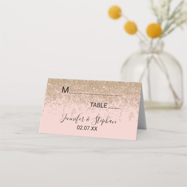 Gold Glitter Sparkles Blush Pink Place Cards (Front)
