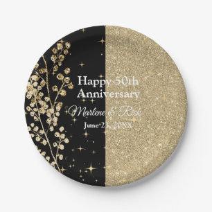 Gold Glitter Sparkles Elegant Black Calligraphy Paper Plates