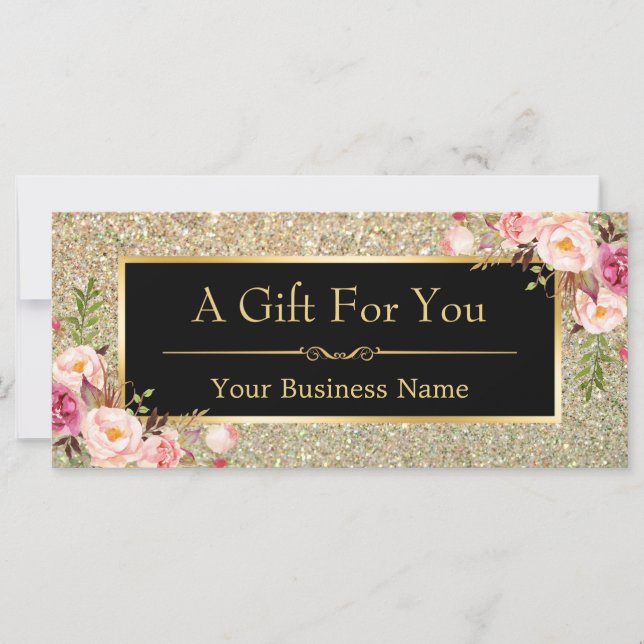 Gold Glitter Sparkles Floral Gift Certificate Card (Front)