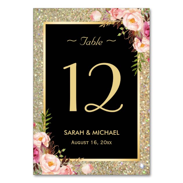 Gold Glitter Sparkles Floral Wedding Table Number Card