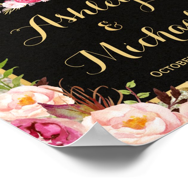 Gold Glitter Sparkles Floral Wedding Welcome Sign Poster