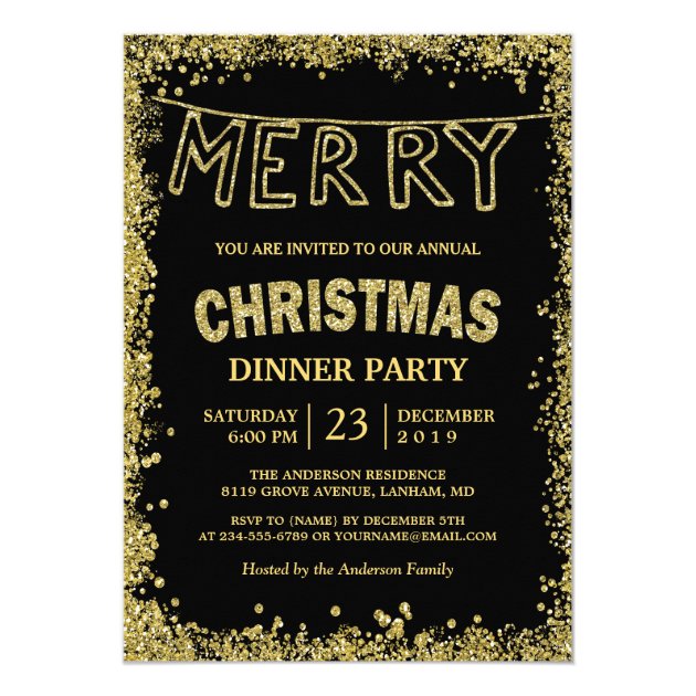 Gold Glitter Sparkles Merry Christmas Dinner Party Invitation
