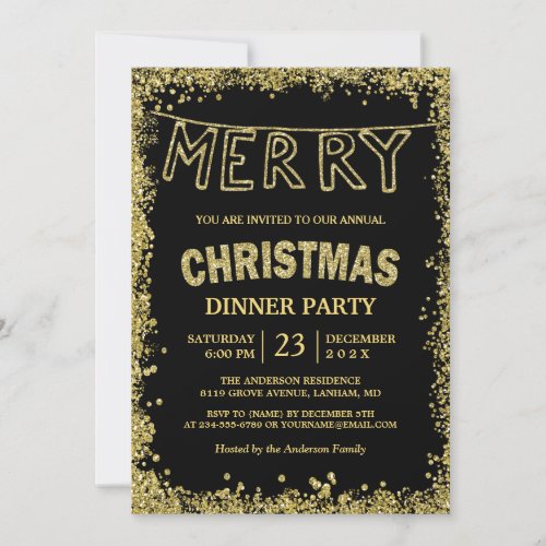 Gold Glitter Sparkles Merry Christmas Dinner Party Card