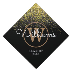 Gold Glitter Sparkles Monogram Script Name Graduation Cap Topper