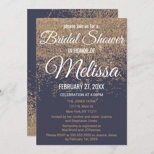 Gold Glitter Sparkles Navy Blue Bridal Shower Invitation