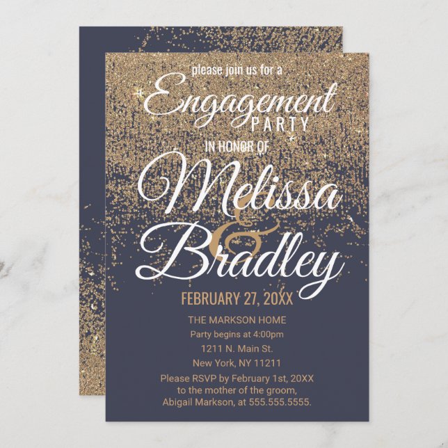 Gold Glitter Sparkles Navy Blue Engagement Invitation (Front/Back)