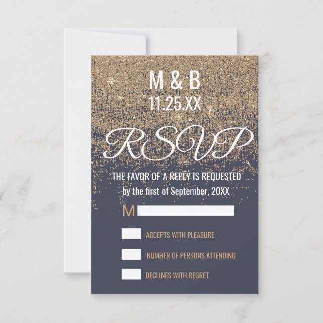 Gold Glitter Sparkles Navy Blue RSVP (Front)