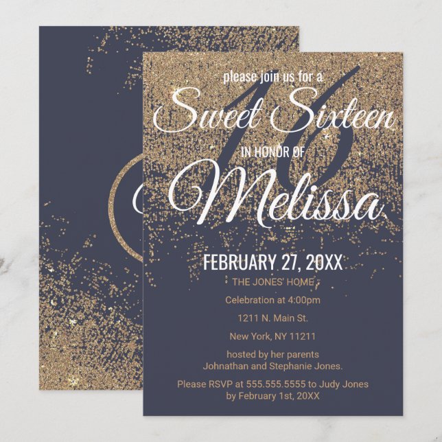 Gold Glitter Sparkles Navy Blue Sweet 16 Invitation (Front/Back)