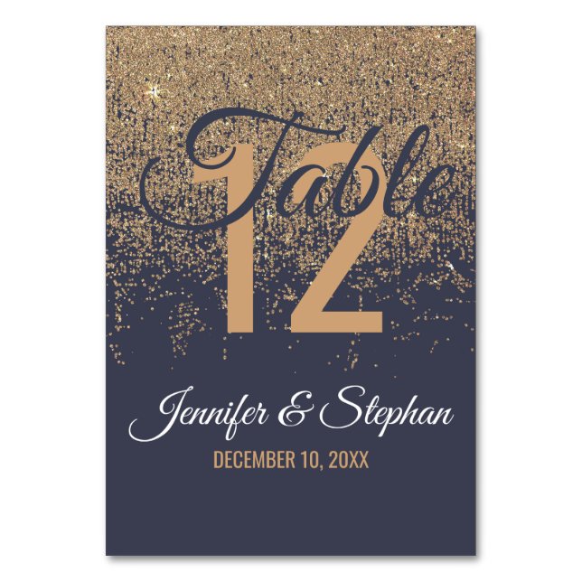 Gold Glitter Sparkles Navy Blue Table Numbers (Front)