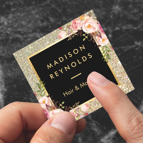 Gold Glitter Sparkles Pink Floral Beauty Salon Square Business Card