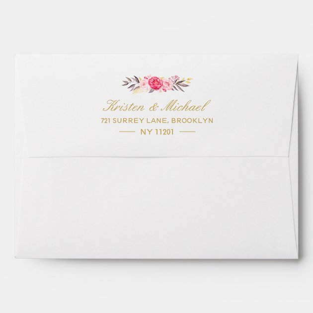 Gold Glitter Sparkles Pink Floral Wedding 5x7 Envelope