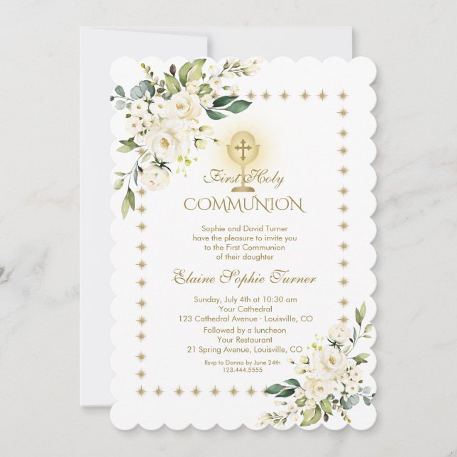 Gold Glitter Sparkles White Floral Holy Communion Invitation (Front)
