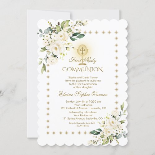 Gold Glitter Sparkles White Floral Holy Communion Invitation