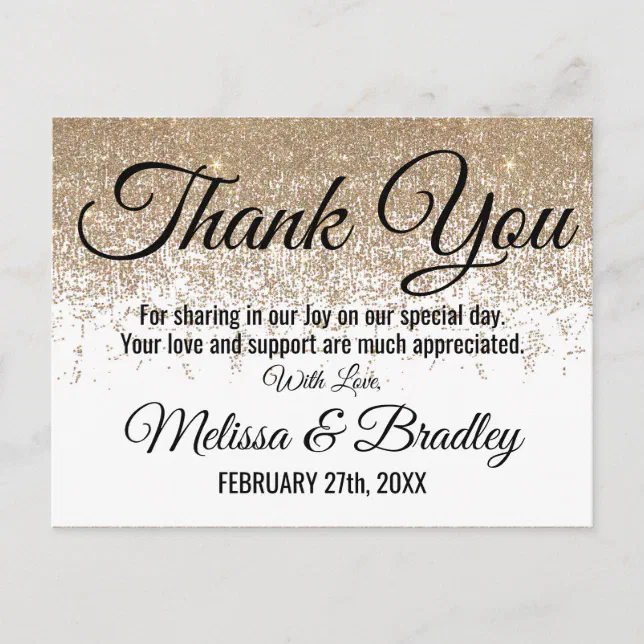 Gold Glitter Sparkles White Thank You Postcard | Zazzle