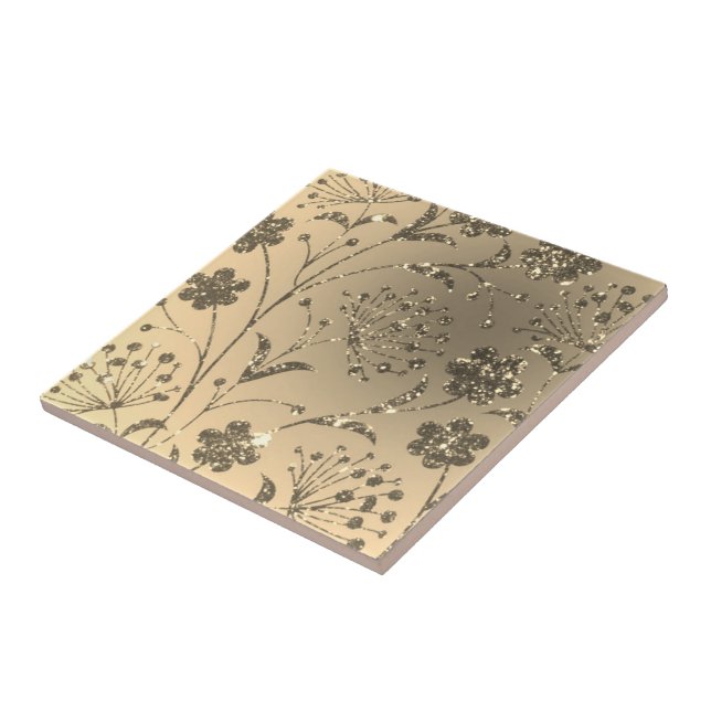Gold Glitter Sparkly Flowers - Luxury Golden - Ceramic Tile (Side)
