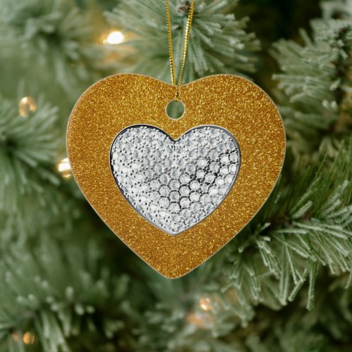 Gold glitter sparkly heart ceramic ornament