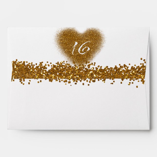 Gold Glitter Spill Sweet 16 Heart Envelopes (Back (Top Flap))